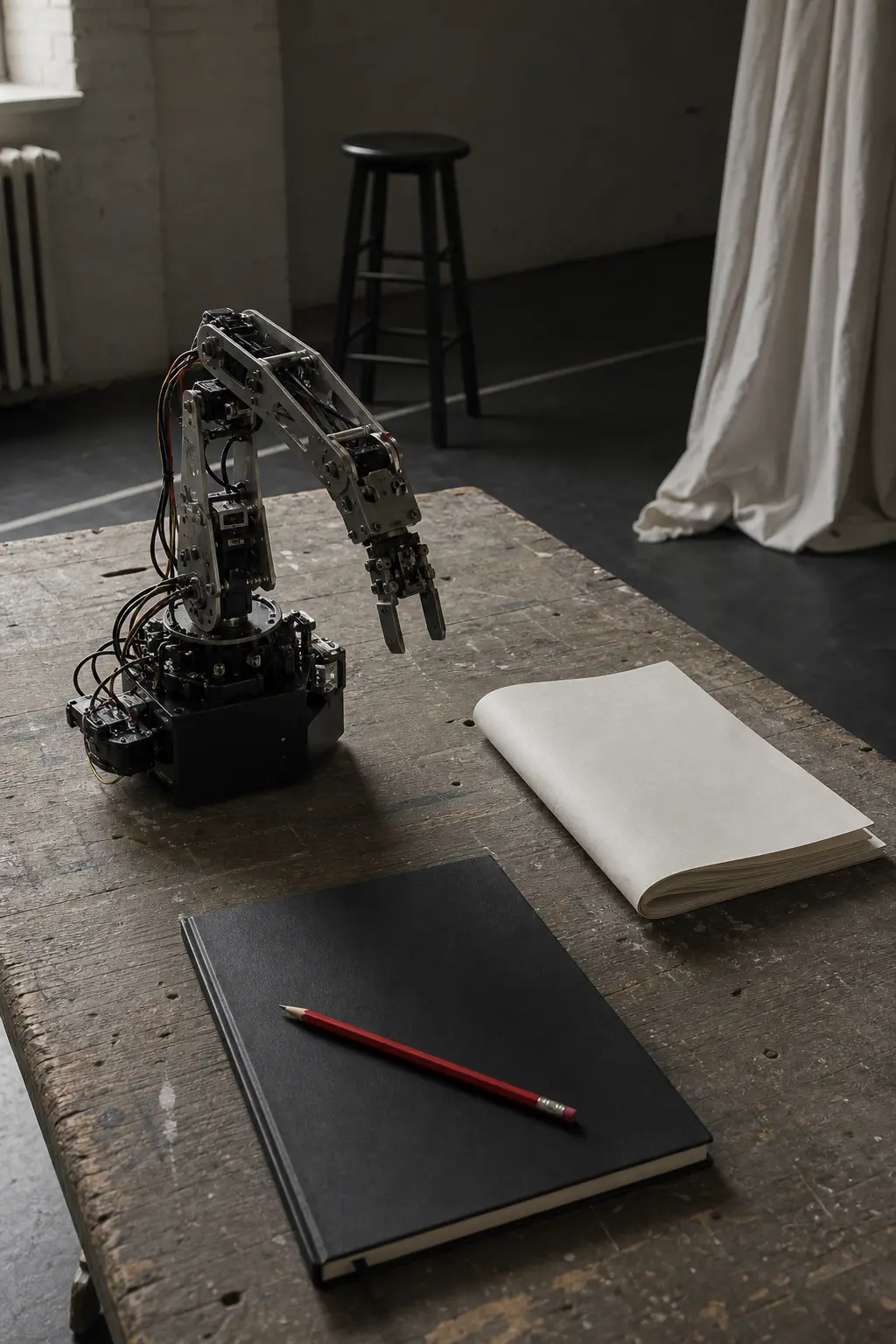 A robotic arm, script pages, and a notebook on a rehearsal-room worktable